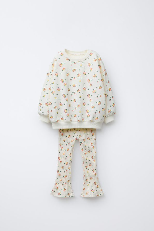 Girls' Cotton Ecru Floral Pattern Sweatshirt and Flared Leggings Set