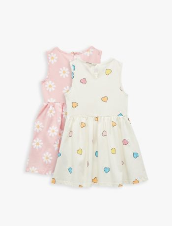 Girls' Cotton Bicycle Neck Dress Set with Heart and Flower Print