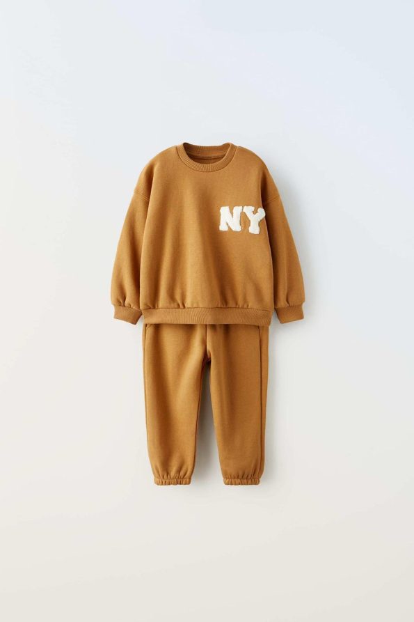 Unisex Kids Cotton Mustard 'NY' Embroidered Sweatshirt and Jogger Set
