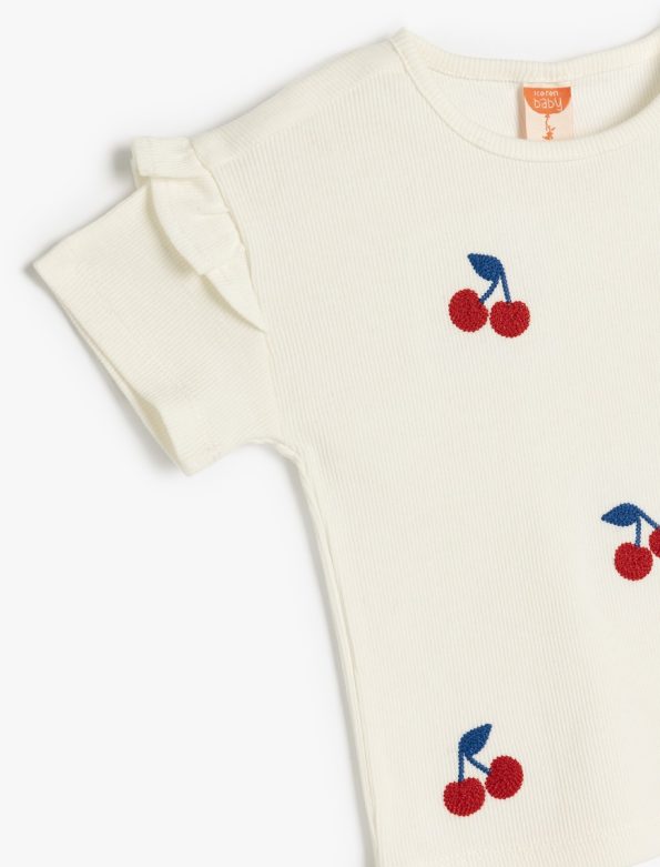 Girls' Cherry Embroidered Cotton Short Sleeve T-Shirt