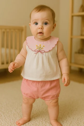 Bow Flower Embroidered Two-Piece Set with Snap Shorts