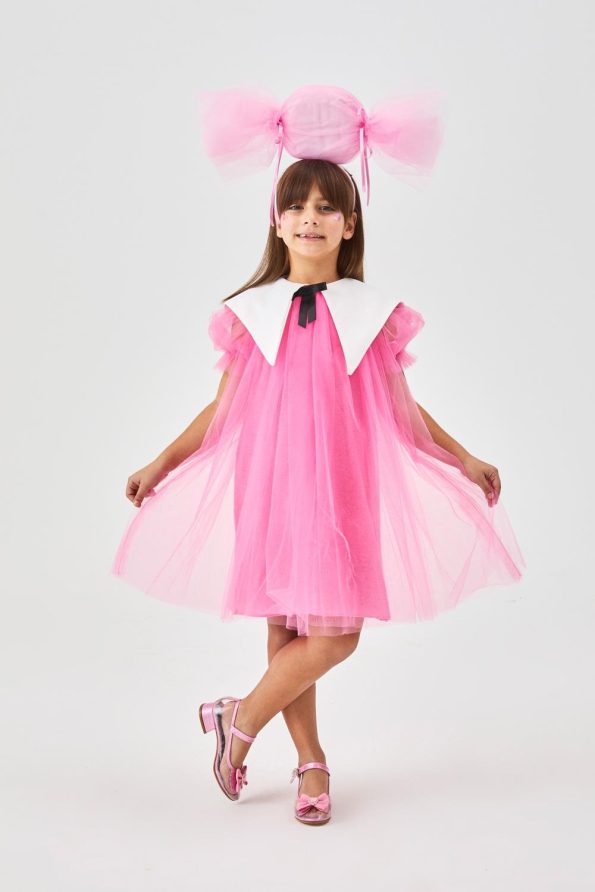 Fuchsia Pointed Collar Girls' Tulle Dress - Nicole