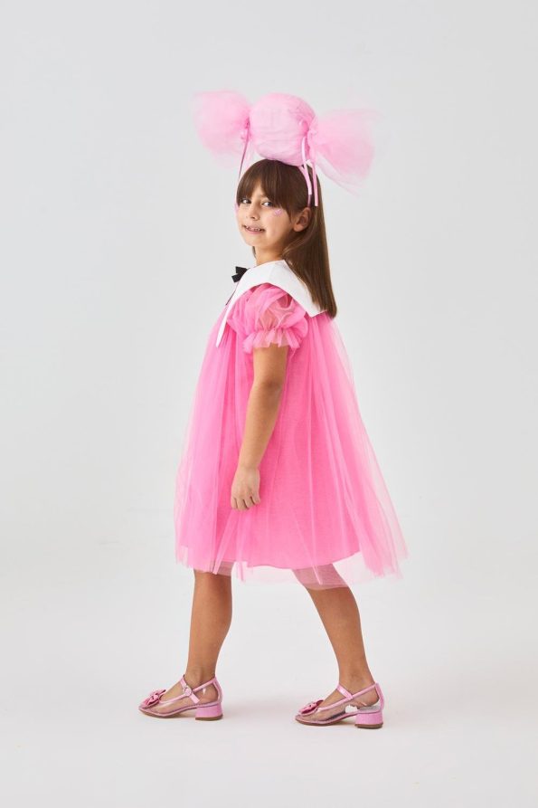 Fuchsia Pointed Collar Girls' Tulle Dress - Nicole