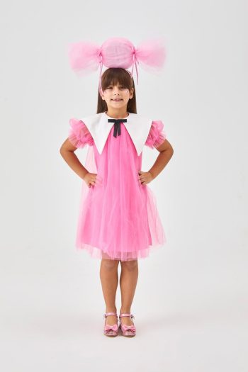 Fuchsia Pointed Collar Girls' Tulle Dress - Nicole