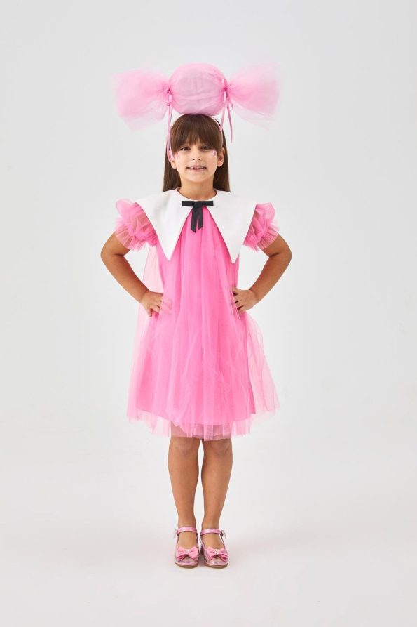 Fuchsia Pointed Collar Girls' Tulle Dress - Nicole