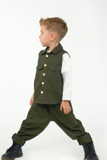 2-Piece Set Olive Gabardine Sport Vest + Olive Gabardine Boyfriend Pants