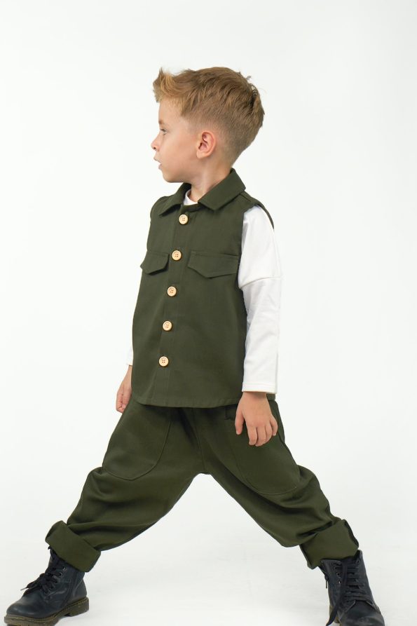 2-Piece Set Olive Gabardine Sport Vest + Olive Gabardine Boyfriend Pants