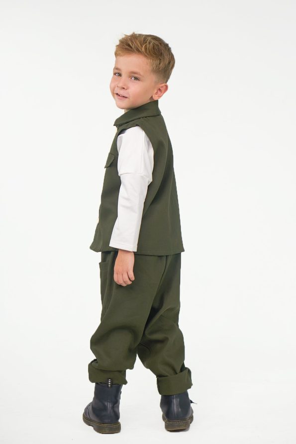 2-Piece Set Olive Gabardine Sport Vest + Olive Gabardine Boyfriend Pants