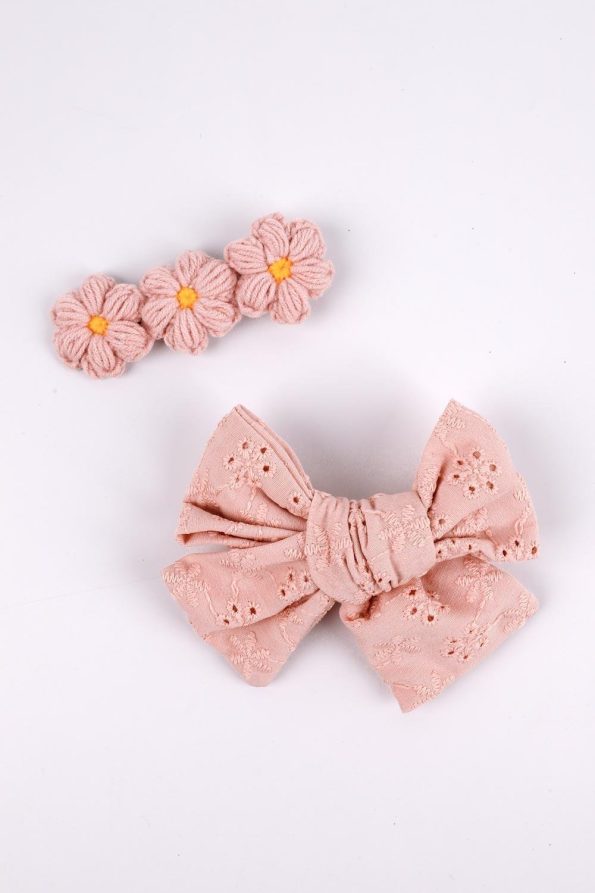 Rose Pink Bow and Crochet Flower Hair Clip Set