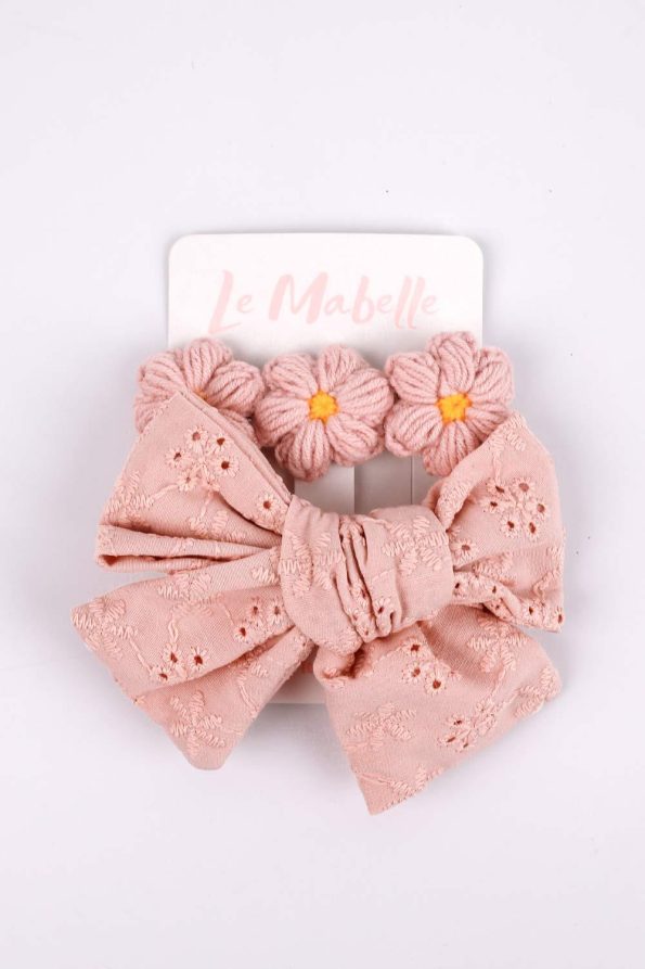Rose Pink Bow and Crochet Flower Hair Clip Set