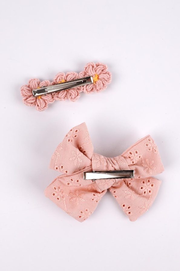 Rose Pink Bow and Crochet Flower Hair Clip Set