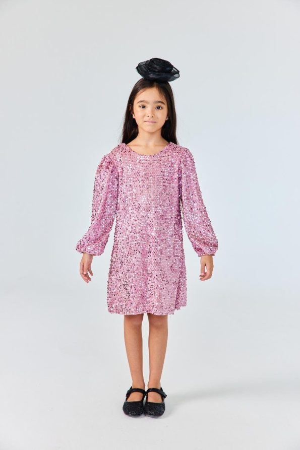 Pink Velvet Dress with Sequins for Girls - Oriel