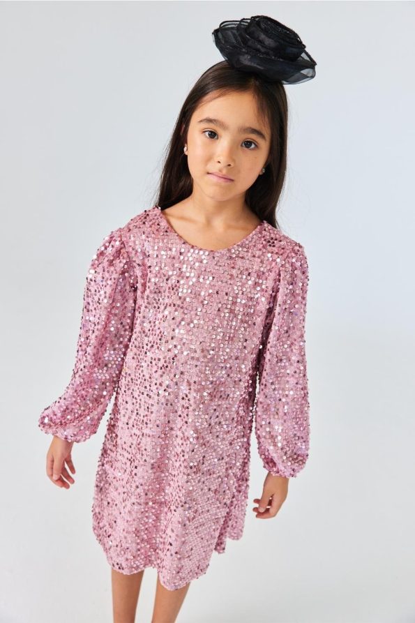 Pink Velvet Dress with Sequins for Girls - Oriel