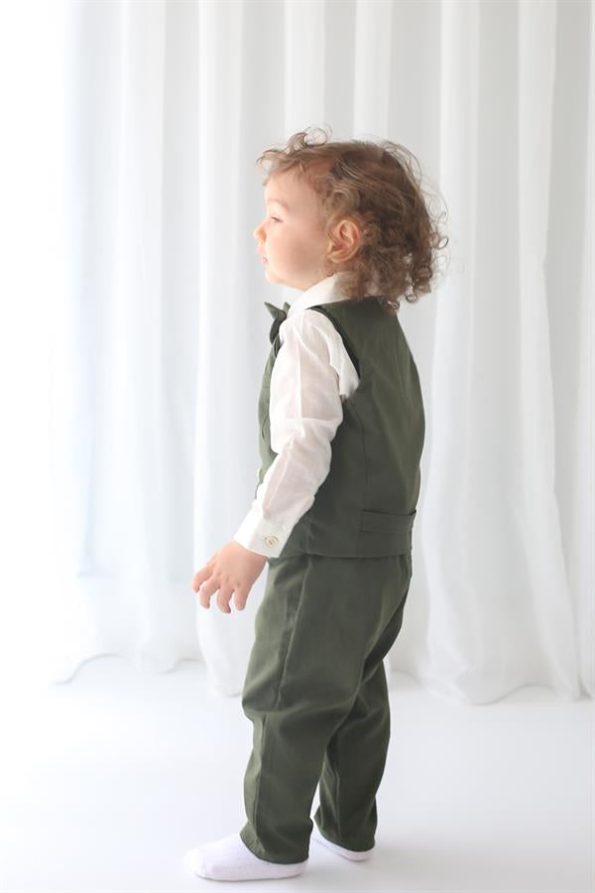 Khaki Linen Vest, Pants, Shirt, and Bow Tie