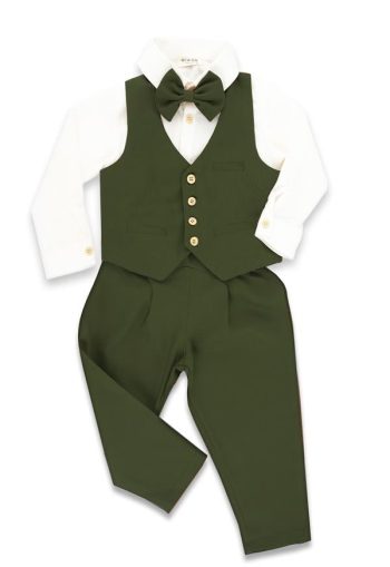 Khaki Linen Vest, Pants, Shirt, and Bow Tie