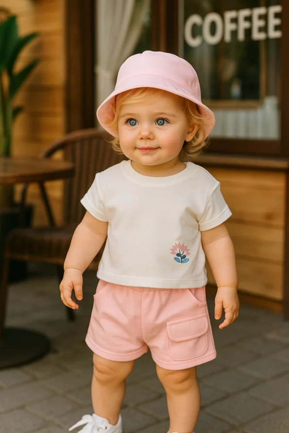 Floral Embroidered Summer Outfit with Hat for Baby Girls