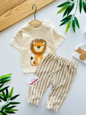 Lion Print Striped Muslin Fabric 2-Piece Set