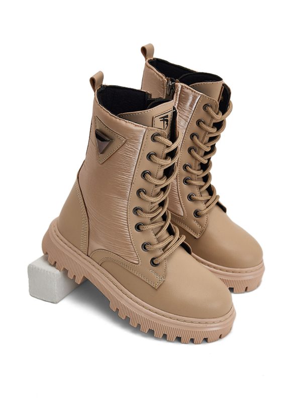 TONNY BLACK Beige Girls' Nude Thermo Sole Lace-Up and Zipper Long Boots