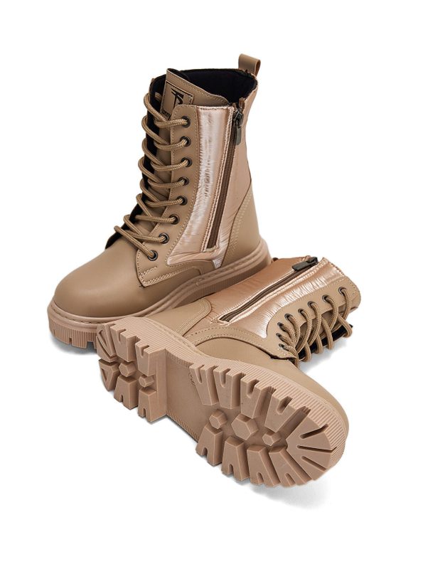 TONNY BLACK Beige Girls' Nude Thermo Sole Lace-Up and Zipper Long Boots