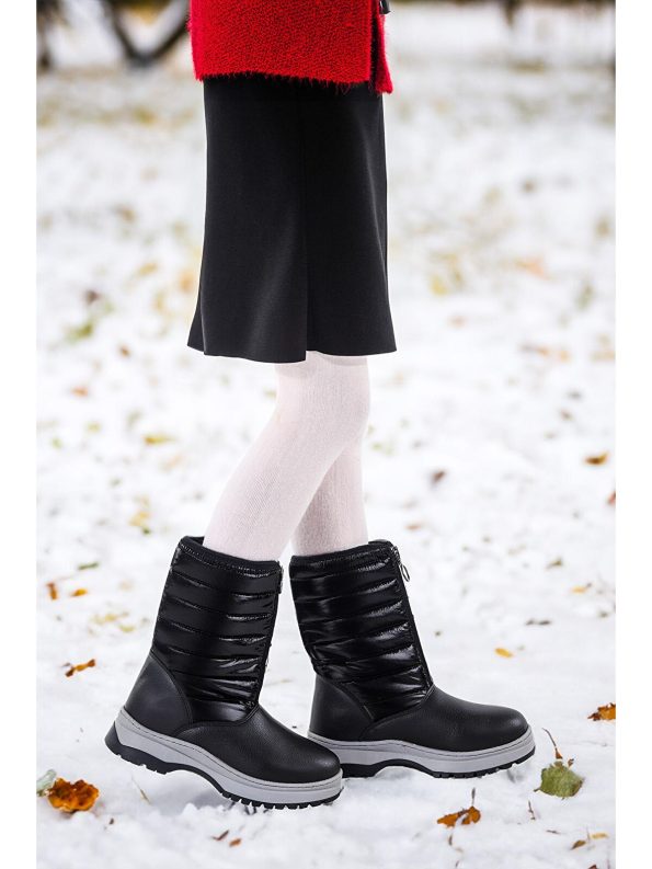 KIKO Black Leather Zippered Girls' Snow Boots