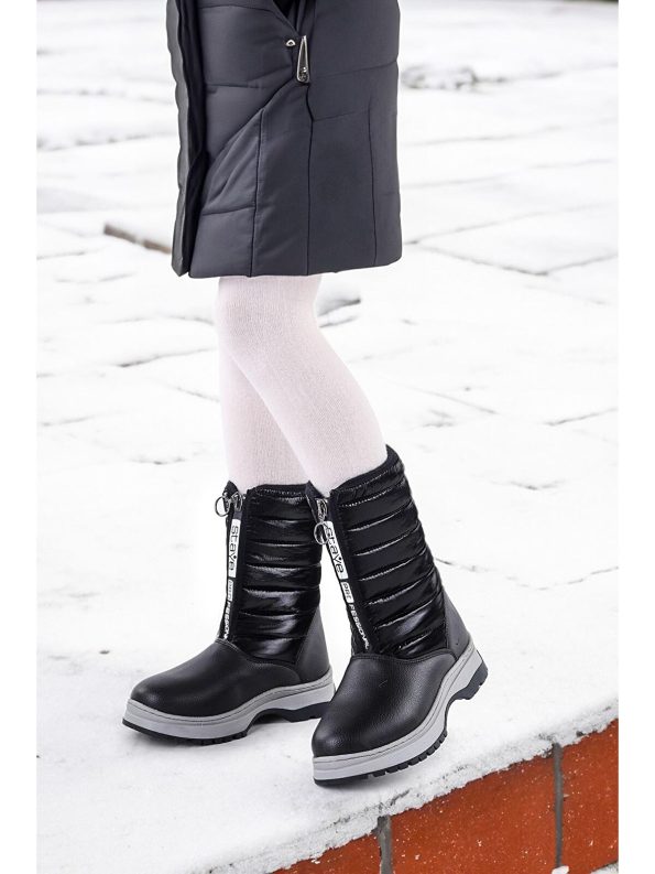 KIKO Black Leather Zippered Girls' Snow Boots