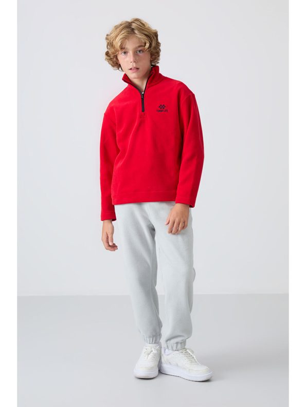 TOMMYLIFE Red Thick Soft Textured Standard Fit Embroidered Fleece Sweatshirt for Boys