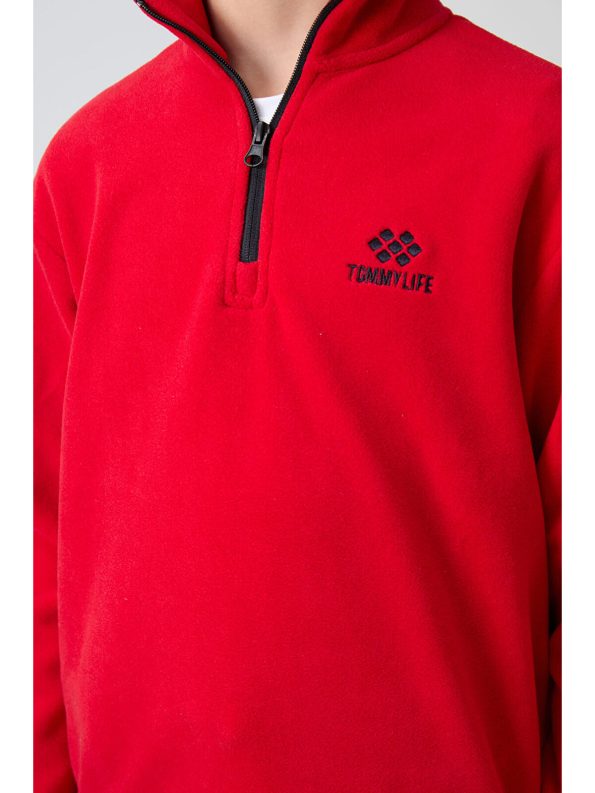 TOMMYLIFE Red Thick Soft Textured Standard Fit Embroidered Fleece Sweatshirt for Boys