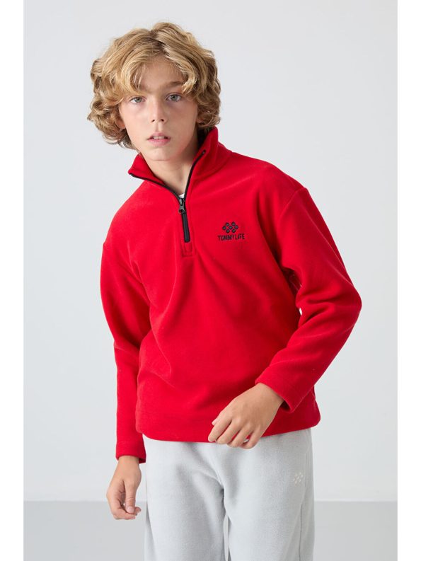 TOMMYLIFE Red Thick Soft Textured Standard Fit Embroidered Fleece Sweatshirt for Boys