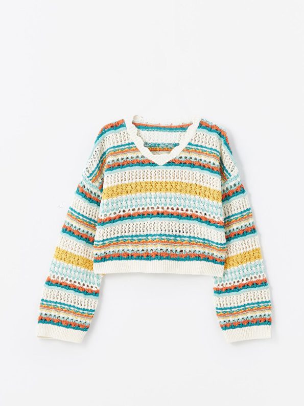 Dexia Purple Cali - Knit Detail Openwork Pattern Sweater - Multicolor
