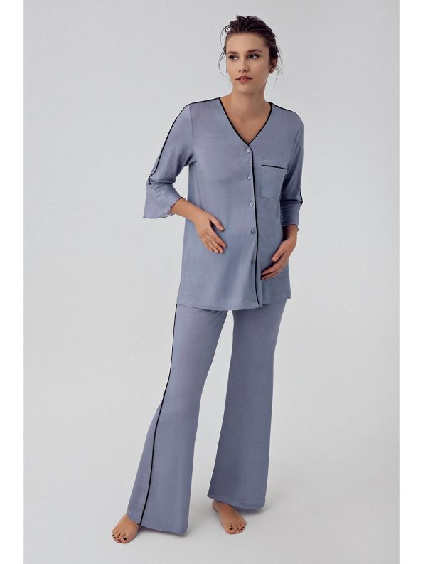 Artış Indigo Buttoned Long Sleeve Short Stretch Viscose Maternity Pajama Set