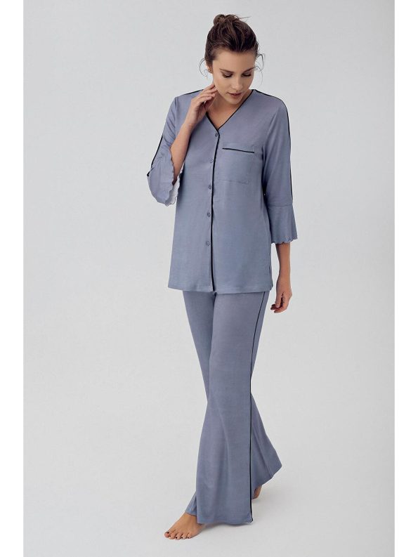 Artış Indigo Buttoned Long Sleeve Short Stretch Viscose Maternity Pajama Set