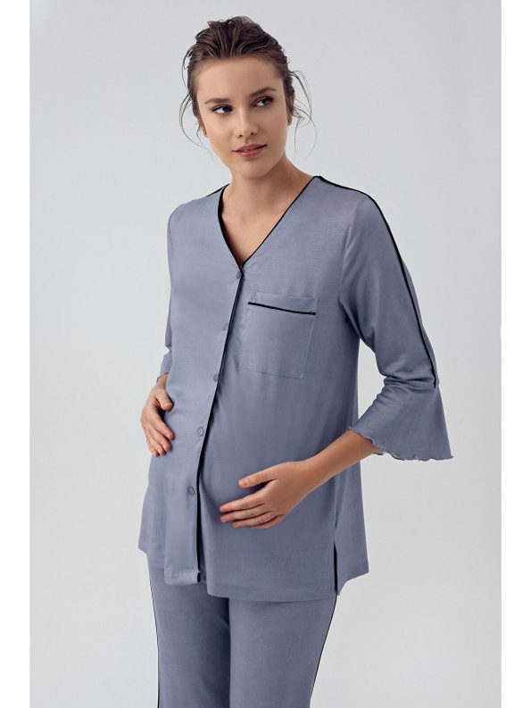 Artış Indigo Buttoned Long Sleeve Short Stretch Viscose Maternity Pajama Set