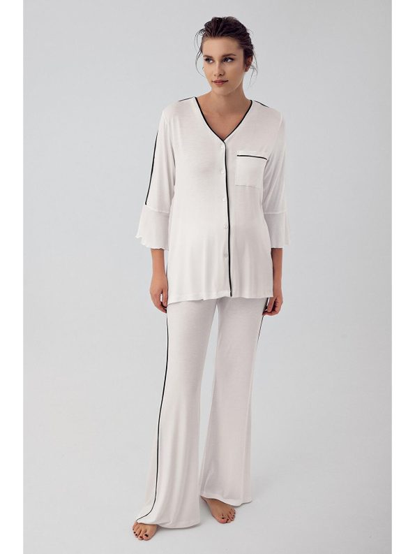 Artış Cream Buttoned Long Sleeve Short Stretch Viscose Maternity Pajama Set