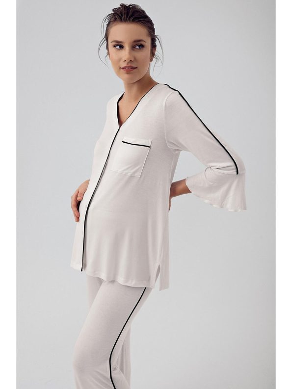Artış Cream Buttoned Long Sleeve Short Stretch Viscose Maternity Pajama Set