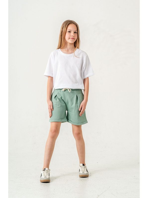 Mışıl Kids Green Double-Leg Belted Girls' Shorts