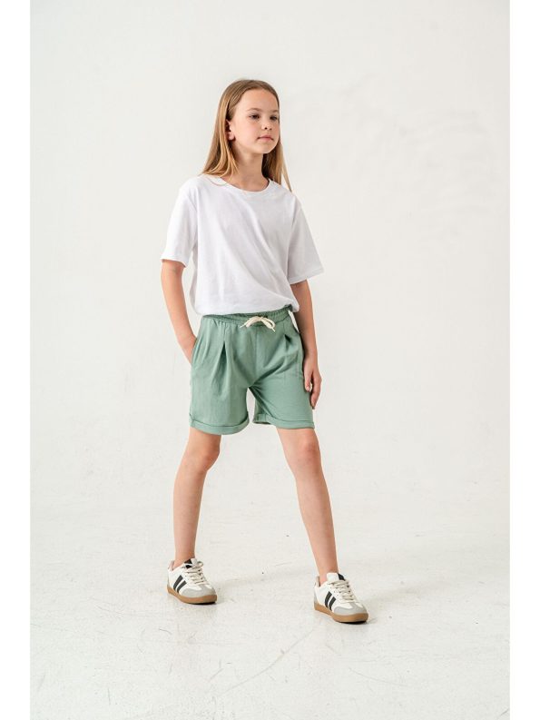 Mışıl Kids Green Double-Leg Belted Girls' Shorts