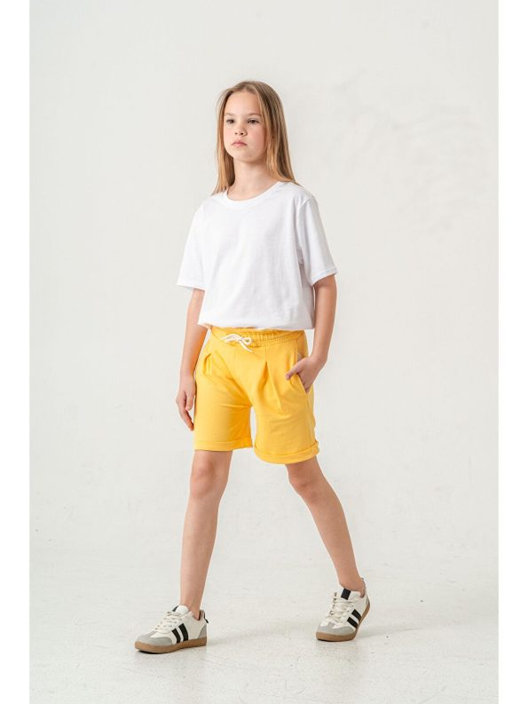 Mışıl Kids Yellow Double-Layer Belted Girls' Shorts