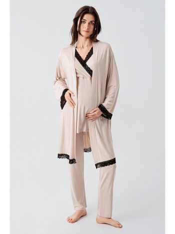 Beige Long Sleeve Stretch Viscose Maternity Pajama Robe Set