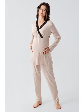 Beige Long Sleeve Stretch Viscose Maternity Pajama Robe Set