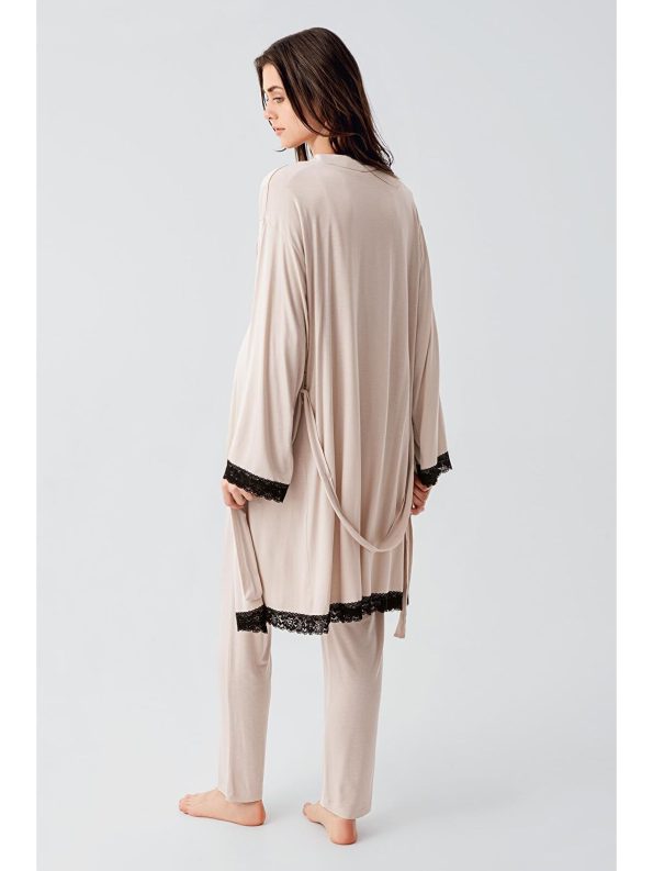Beige Long Sleeve Stretch Viscose Maternity Pajama Robe Set
