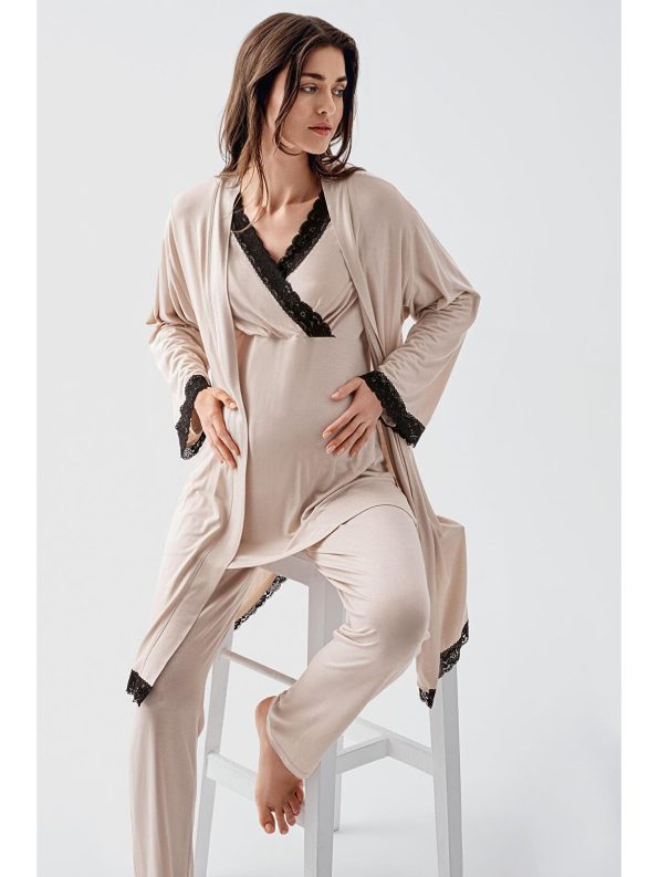 Beige Long Sleeve Stretch Viscose Maternity Pajama Robe Set