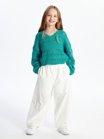 Dexia Cali - Knit Detail Openwork Pattern Sweater - Green