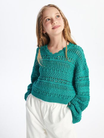 Dexia Cali - Knit Detail Openwork Pattern Sweater - Green
