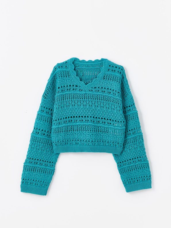 Dexia Cali - Knit Detail Openwork Pattern Sweater - Green