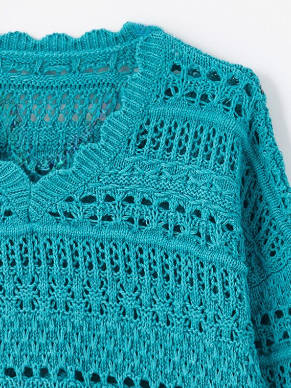 Dexia Cali - Knit Detail Openwork Pattern Sweater - Green