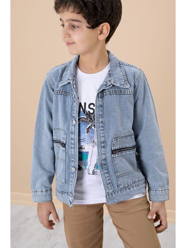 Cansın Mini Blue Zip-Pocket Denim Jacket Set for Boys