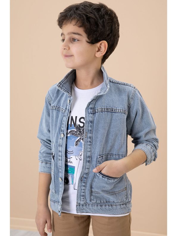 Cansın Mini Blue Zip-Pocket Denim Jacket Set for Boys