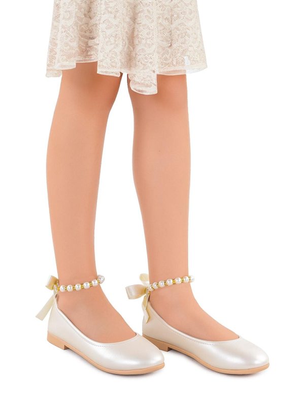 KIKO Beige Blanch Pearl-Embellished Elastic Girls' Ballet Flats