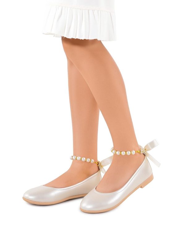 KIKO Beige Blanch Pearl-Embellished Elastic Girls' Ballet Flats