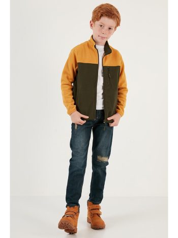 Lela Soft Textured Zippered Color Block High Neck Pocket Fleece